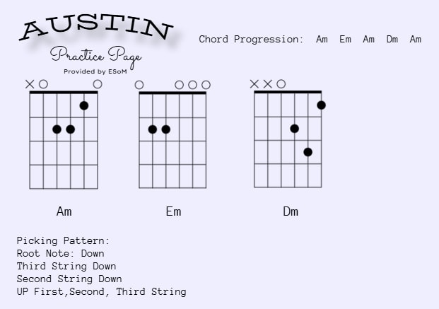 Austin chord progression practice page showing Am, Em, and Dm chord diagrams