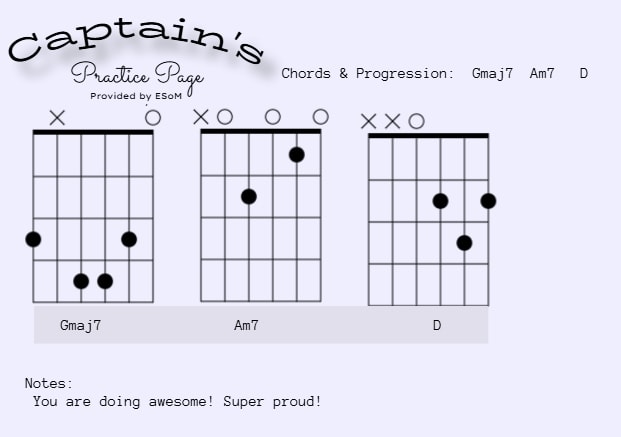 Captain's practice page showing Gmaj7, Am7, and D chord diagrams