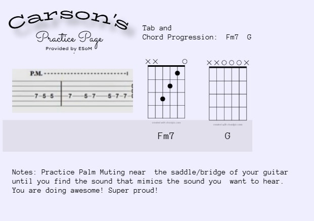 Carson's practice page showing Fm7 and G chord diagrams with tab notation and palm muting notes